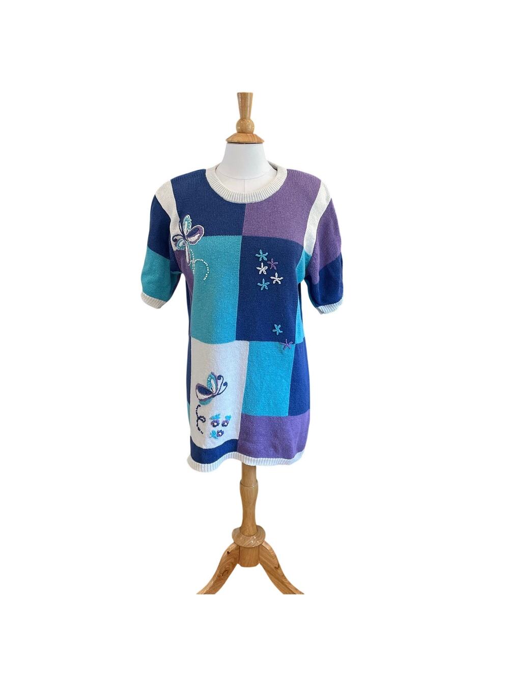 Vintage Two Twenty Embroidered Short Sleeve Sweater Tunic/Dress Blue Purple L